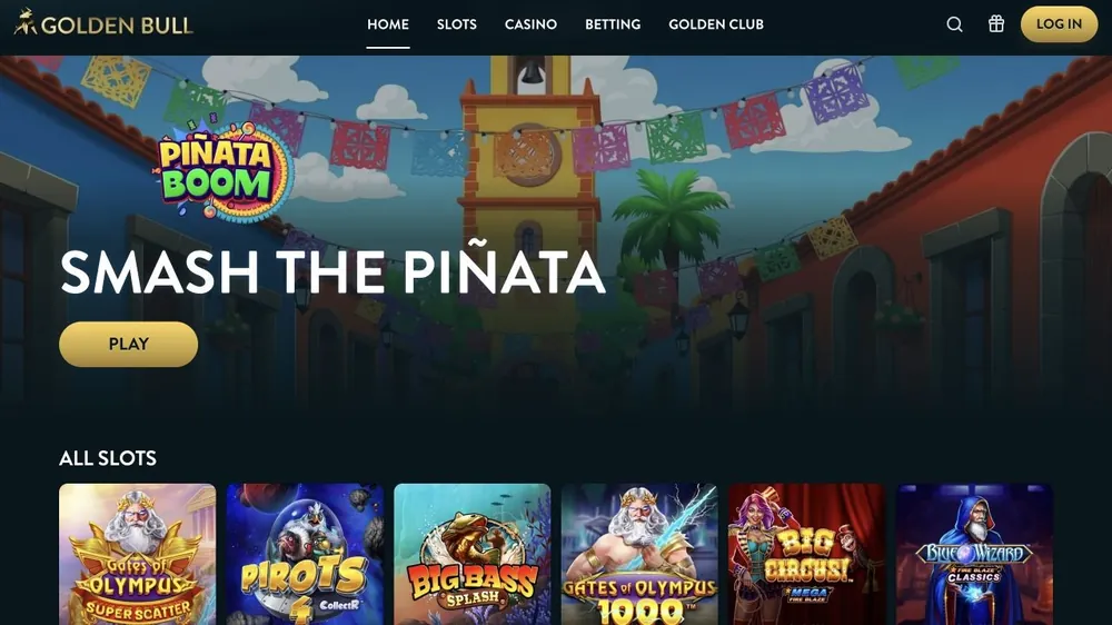 Página inicial de goldenbull.es com banner 'Smash the Piñata' e lista de slots
