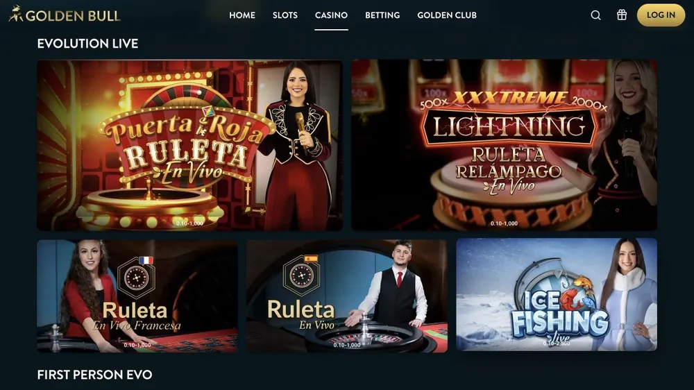 Seção de cassino ao vivo de goldenbull.es com roletas e Ice Fishing