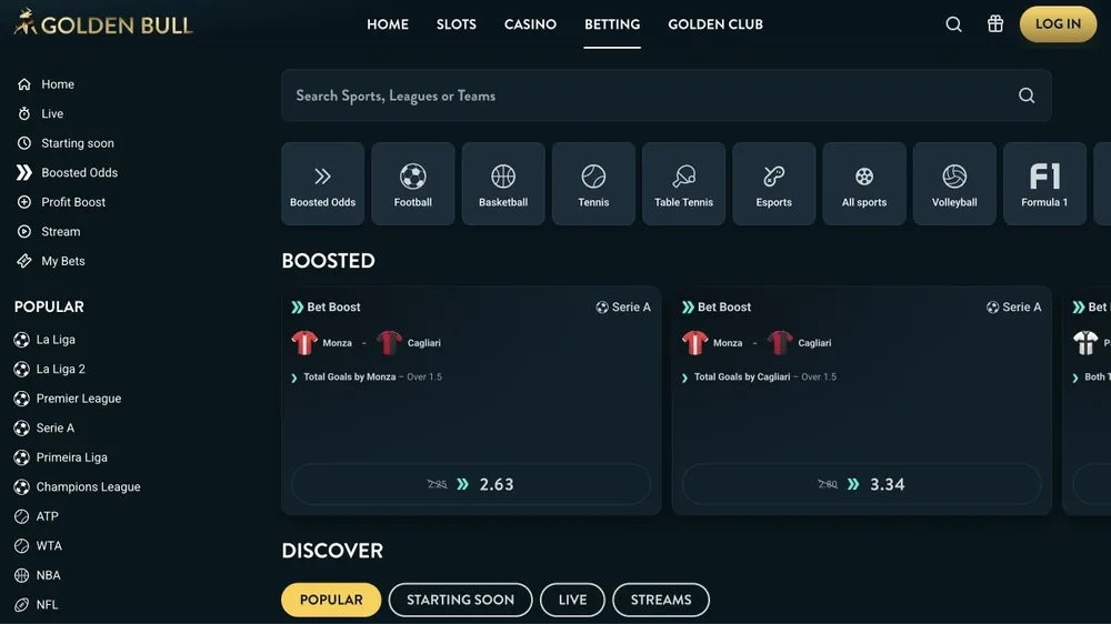 Área de apostas esportivas de goldenbull.es com odds turbinadas