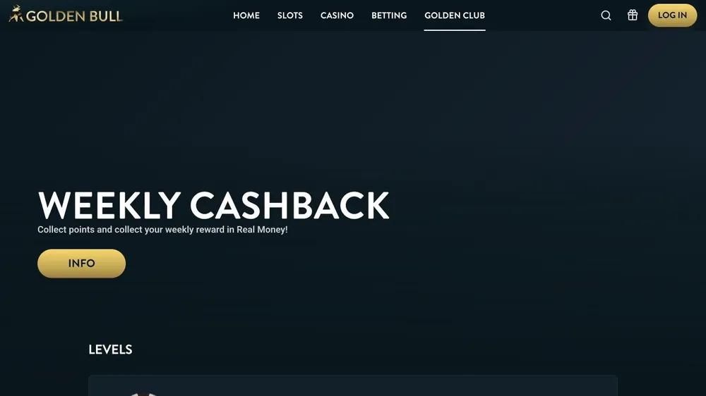 Página do Golden Club de goldenbull.es com o banner Weekly Cashback