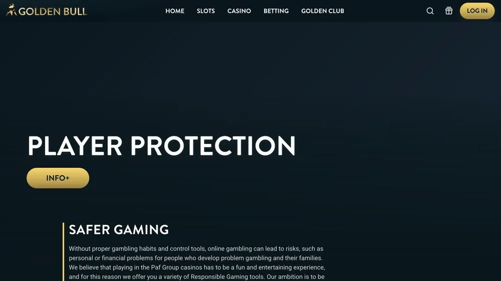 Página Player Protection de goldenbull.es sobre jogo seguro