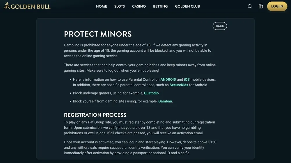 Página de proteção de menores e processo de cadastro de goldenbull.es