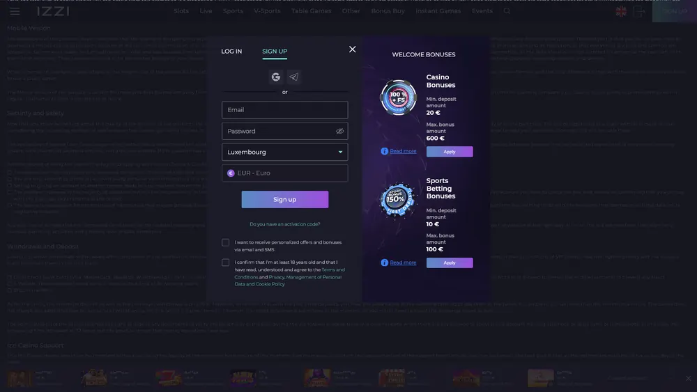 Página principal de Izzi Casino (escritorio)