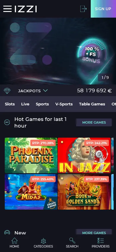 Página principal de Izzi Casino (móvil)