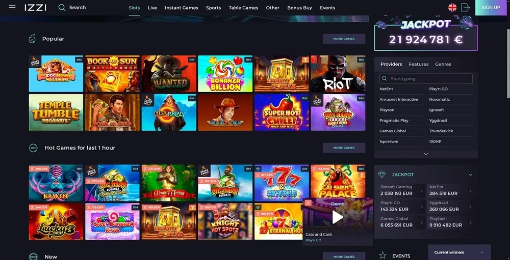 Izzi Casino: captura del sitio (escritorio)