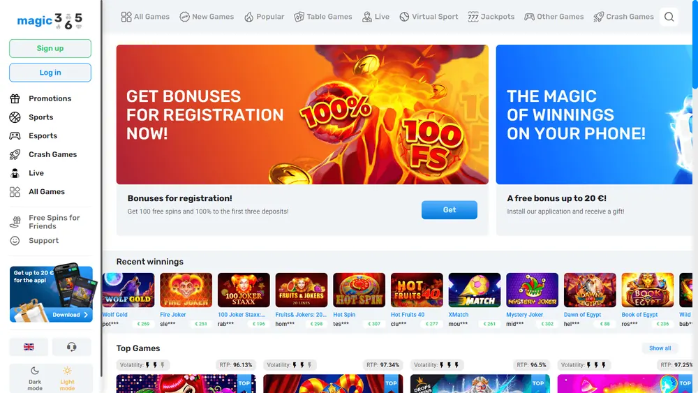Página principal de Magic365 Casino (escritorio)