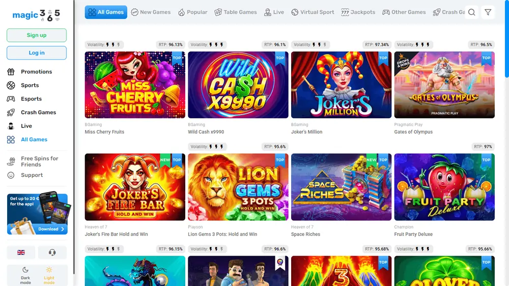 Catálogo de juegos de Magic365 Casino (escritorio)