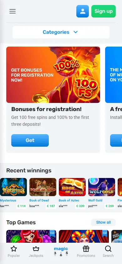 Página principal de Magic365 Casino (móvil)