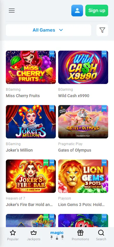 Catálogo de juegos de Magic365 Casino (móvil)