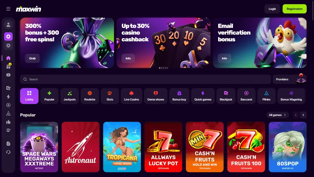 Página principal de Maxwin Casino (escritorio)