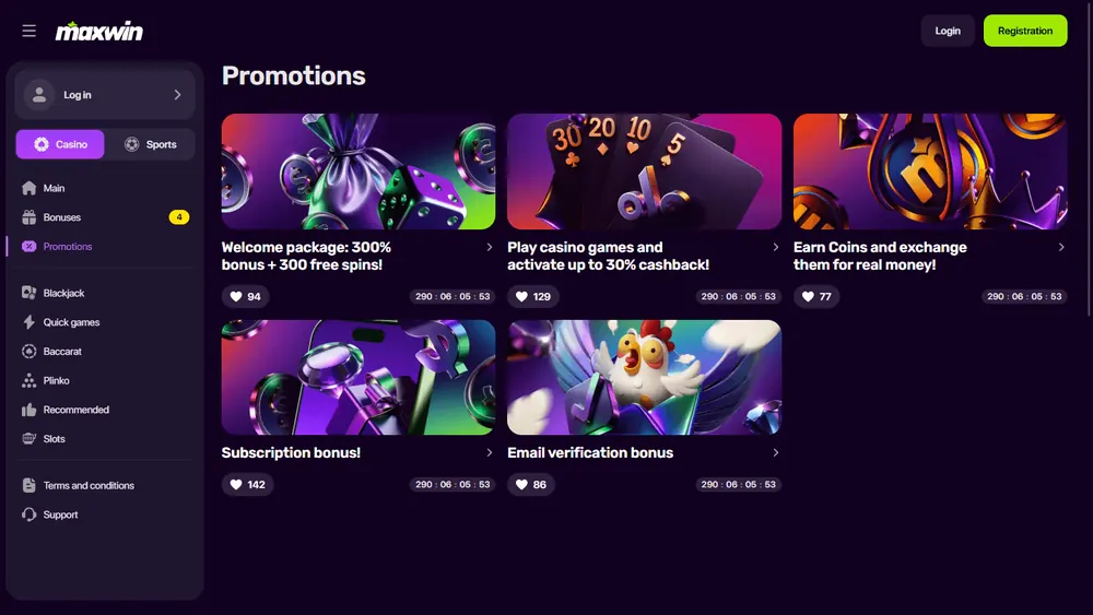 Promociones de Maxwin Casino (escritorio)