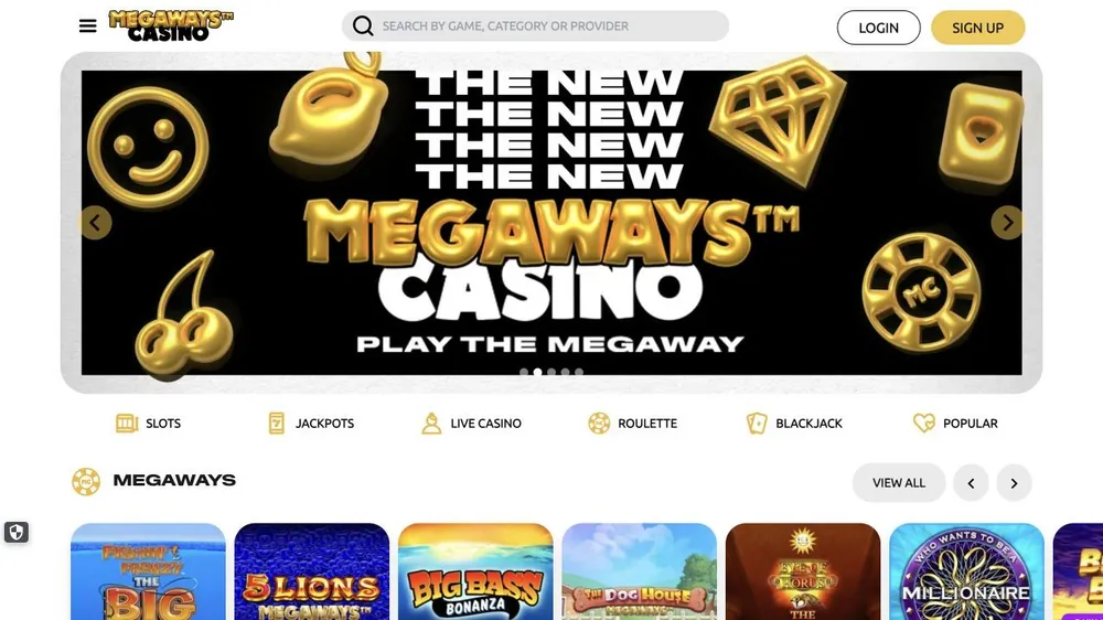 Página inicial de megawayscasino.com com banner 'Play the Megaway'