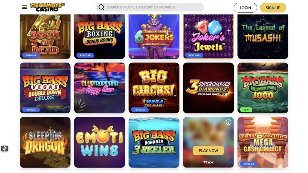 Grade de slots de megawayscasino.com com Big Bass Boxing e Big Circus