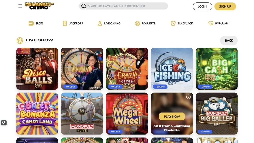 Seção Live Show de megawayscasino.com com Crazy Time e Monopoly Live