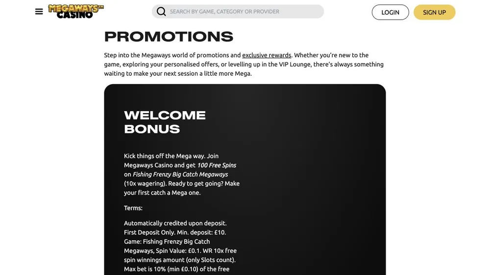 Página de promoções de megawayscasino.com com o bônus de boas-vindas