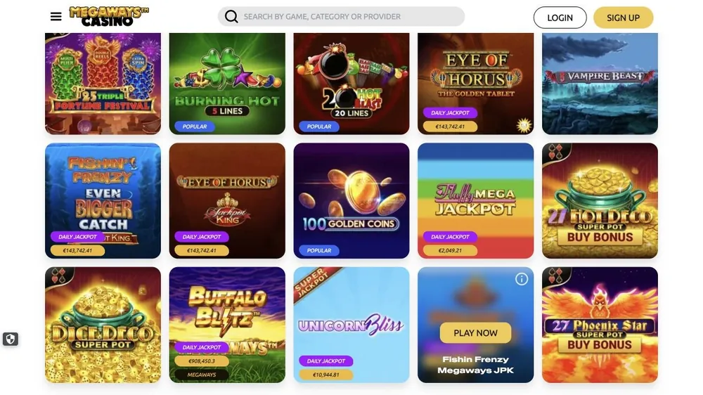 Seção de jackpots de megawayscasino.com com Fishin' Frenzy e Eye of Horus