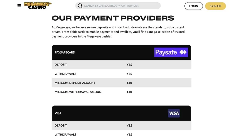 Tabela de métodos de pagamento de megawayscasino.com