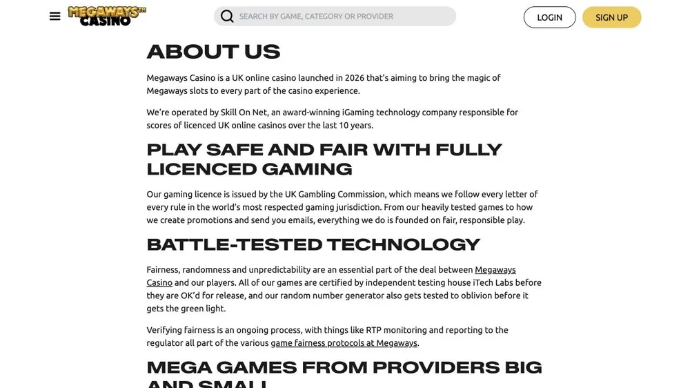 Página About us de megawayscasino.com