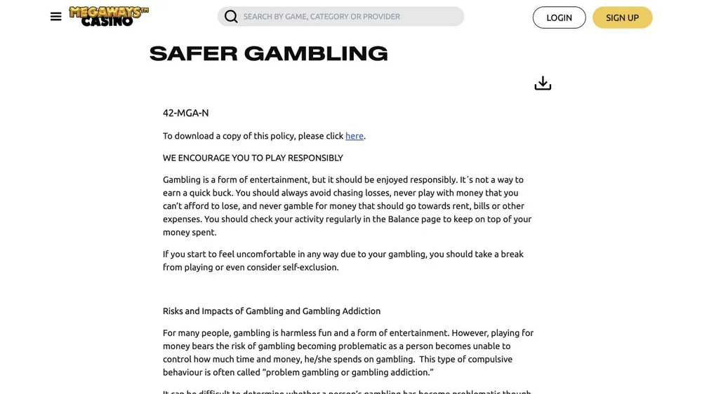 Página Safer Gambling de megawayscasino.com