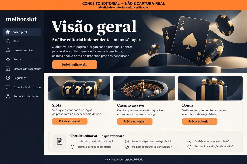 Visão geral conceitual com cartões de slots, cassino ao vivo e bônus com o nome melhorslot