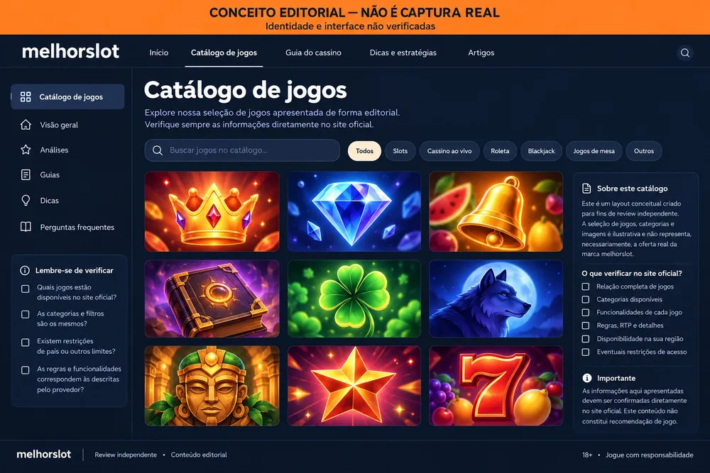 Catálogo conceitual com ícones de slots e filtros por tipo de jogo com o nome melhorslot