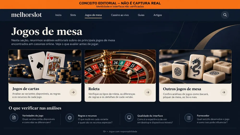 Página conceitual de jogos de mesa com cartas, roleta e mahjong com o nome melhorslot
