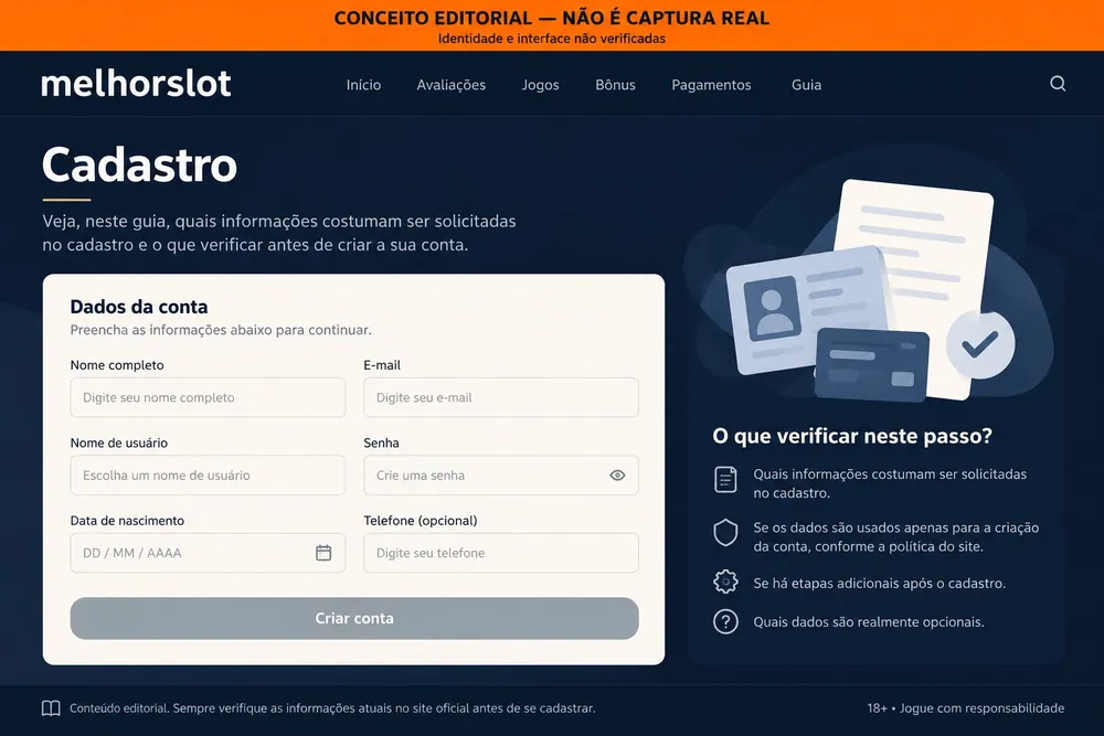 Formulário conceitual de cadastro com nome de usuário e data de nascimento com o nome melhorslot