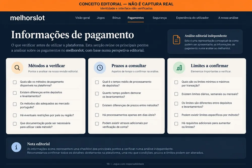 Página conceitual com listas sobre métodos, prazos e limites de pagamento com o nome melhorslot