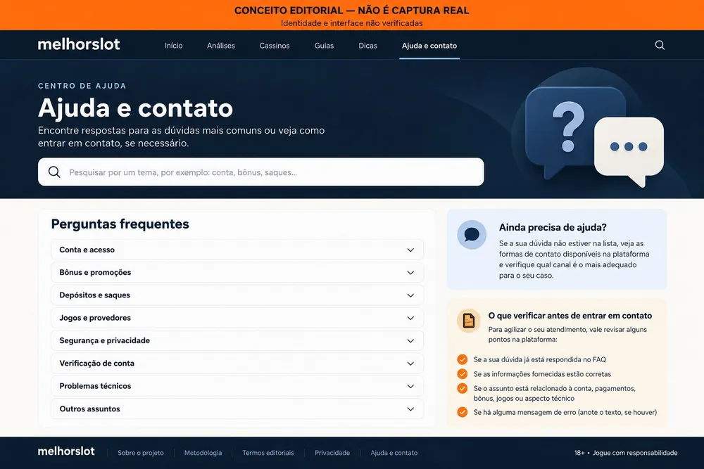 Central de ajuda conceitual com lista de perguntas frequentes com o nome melhorslot