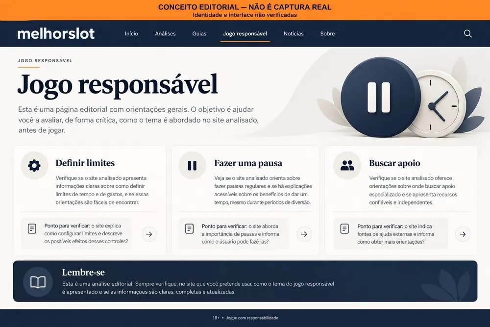 Página conceitual com orientações de limites, pausa e apoio com o nome melhorslot