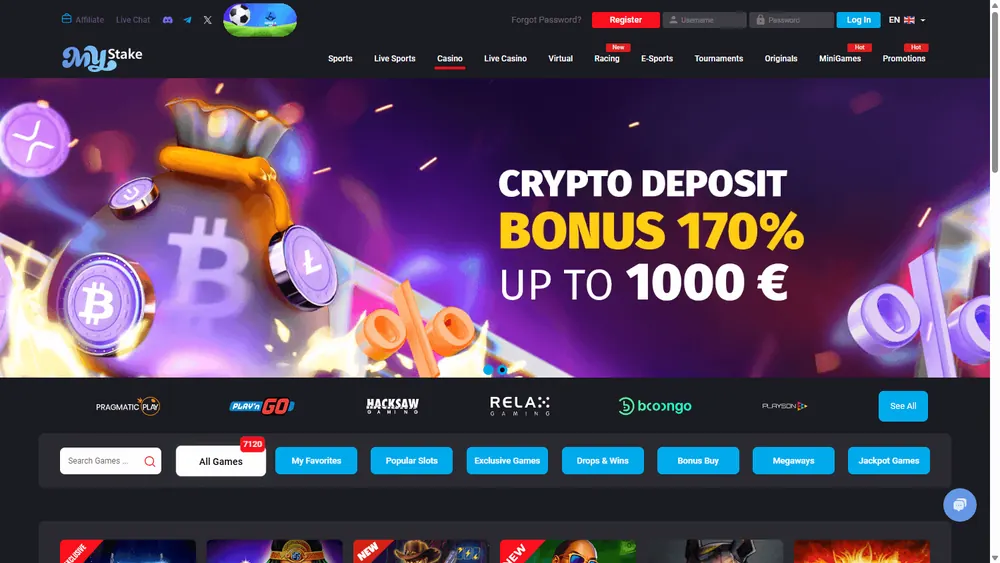 Catálogo de jogos de MyStake (desktop)