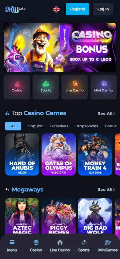 Página inicial de MyStake (celular)
