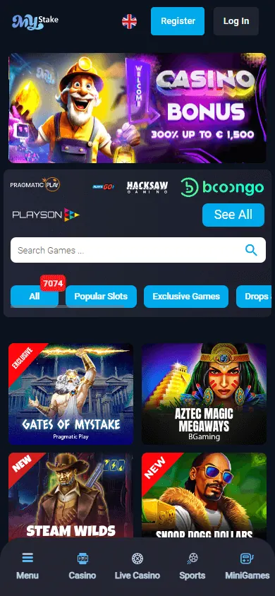 Catálogo de jogos de MyStake (celular)