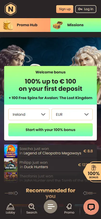 Página principal de National Casino (móvil)