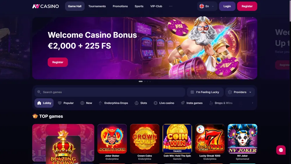 Página principal de NV Casino (escritorio)