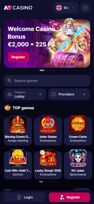 Página principal de NV Casino (móvil)