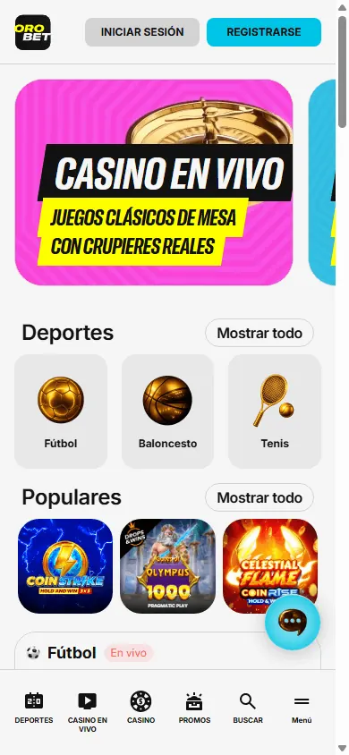 Página principal de Orobet (móvil)