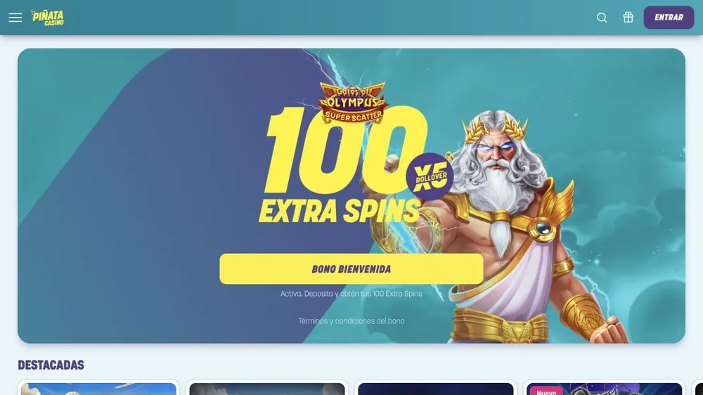 Página inicial de pinatacasino.es com banner de 100 Extra Spins