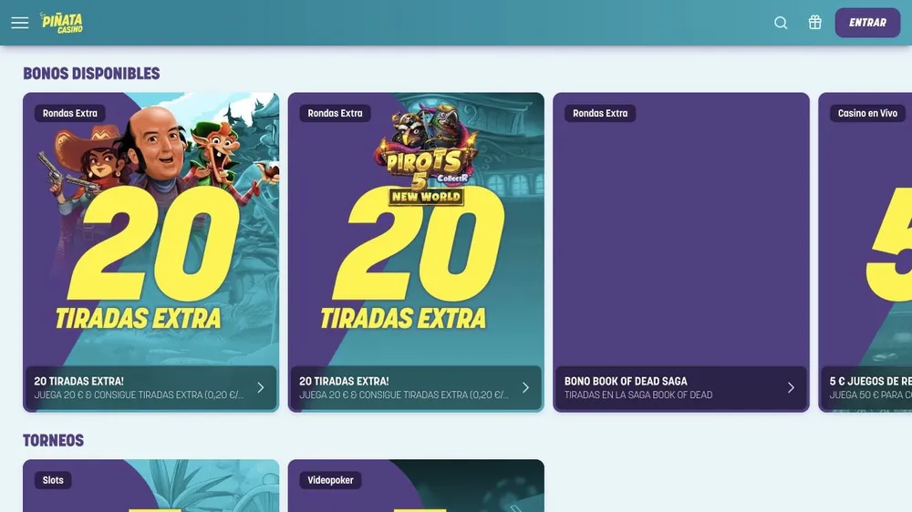 Bônus disponíveis em pinatacasino.es com 20 tiradas extra e torneios