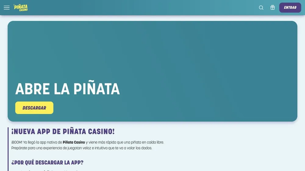 Página do app 'Abre la piñata' em pinatacasino.es com botão de download
