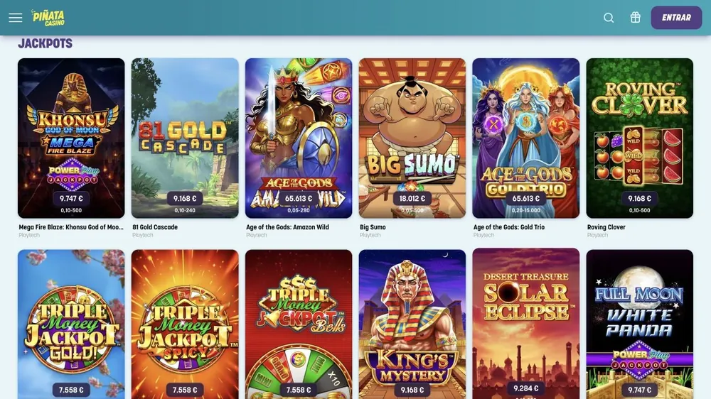 Seção de jackpots de pinatacasino.es com valores em euros