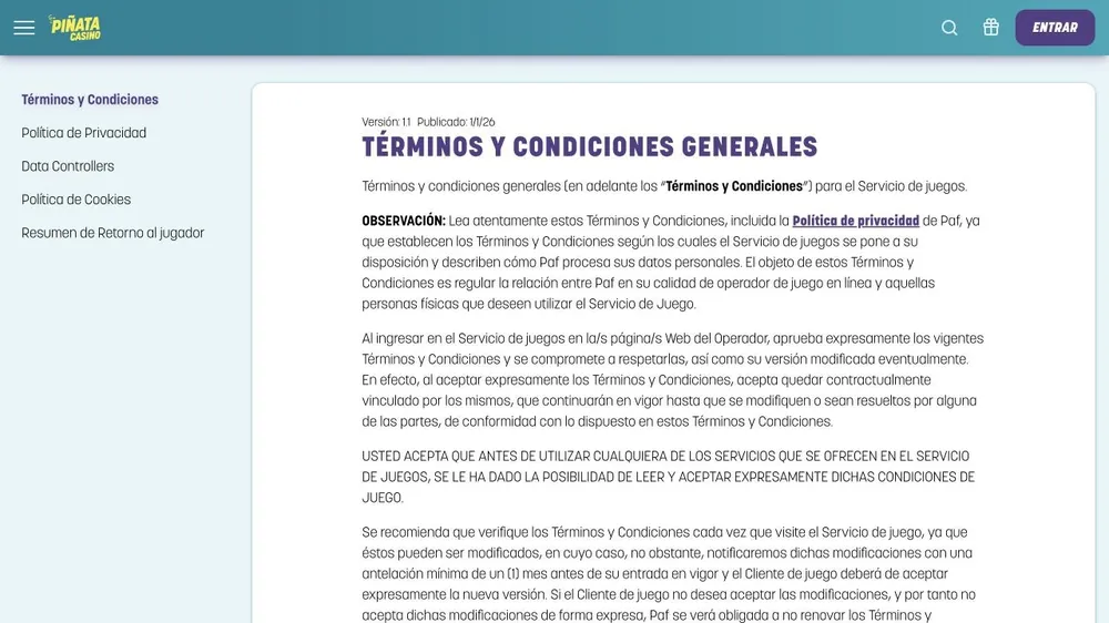 Termos e condições gerais de pinatacasino.es em espanhol