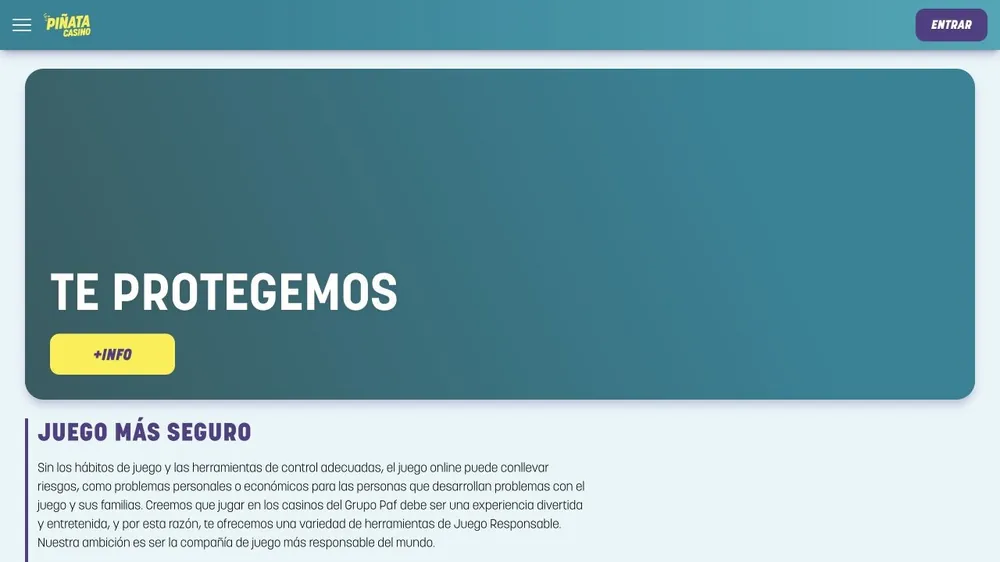 Página 'Te protegemos' de pinatacasino.es sobre jogo mais seguro
