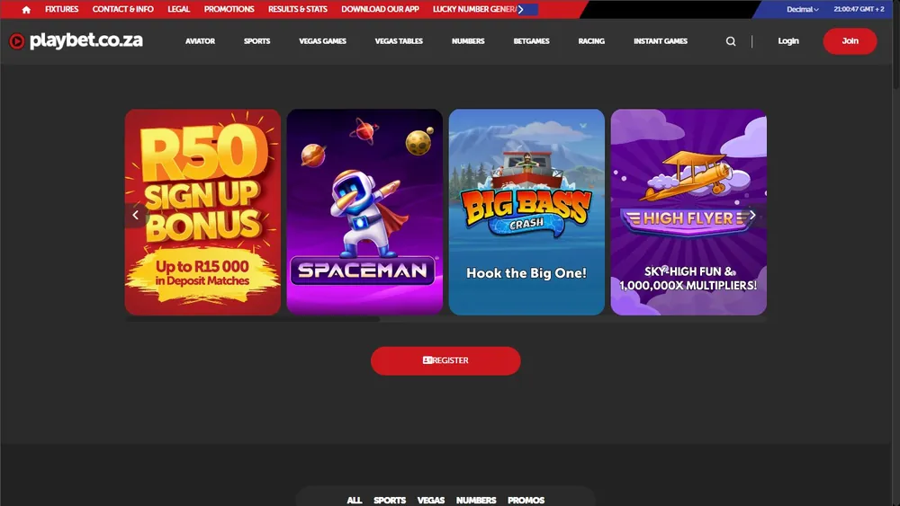 Página inicial da Playbet.co.za no computador com bônus em rands e jogos como Spaceman