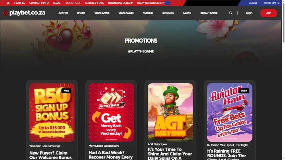 Página de promoções da Playbet.co.za no computador com bônus em rands e Aviator Rain