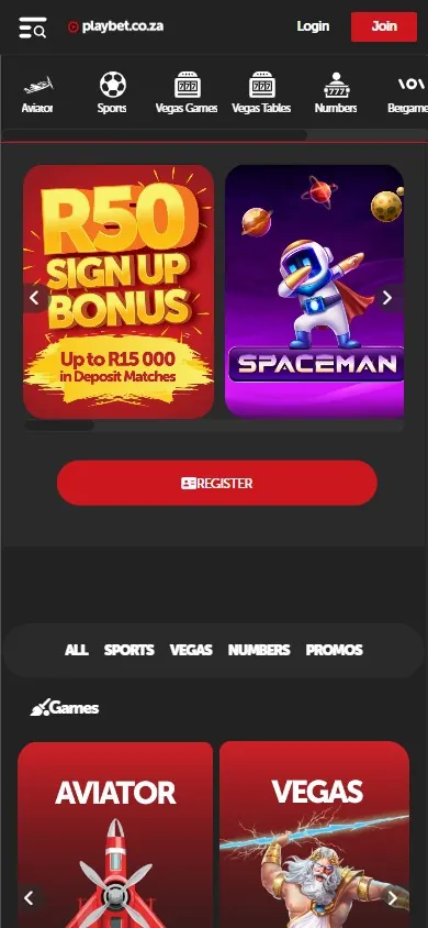 Página inicial da Playbet.co.za no celular com bônus em rands e atalhos para Aviator e Vegas