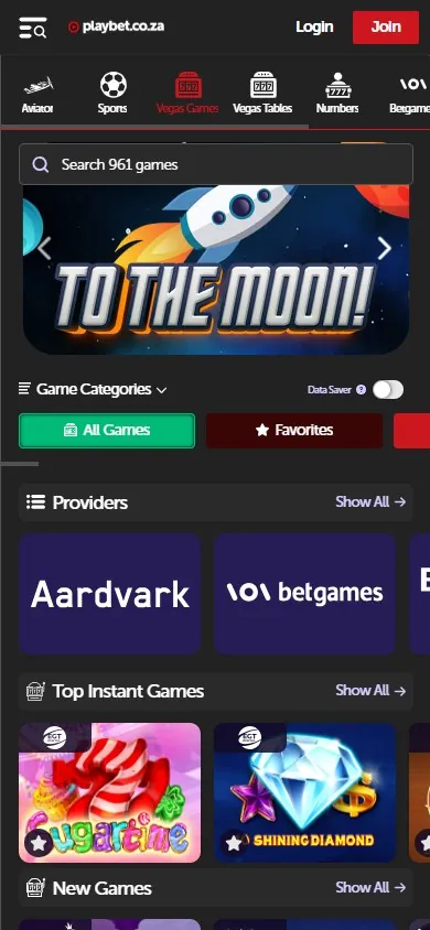 Lobby de jogos da Playbet.co.za no celular com busca e lista de provedores