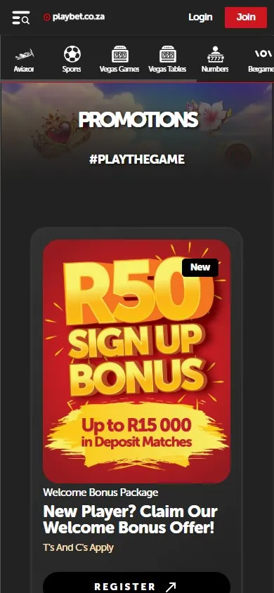 Página de promoções da Playbet.co.za no celular com bônus de boas-vindas em rands