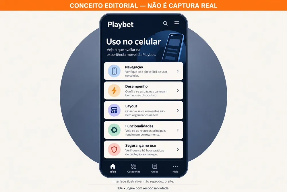 Ilustração conceitual de um celular com tópicos sobre navegação e segurança