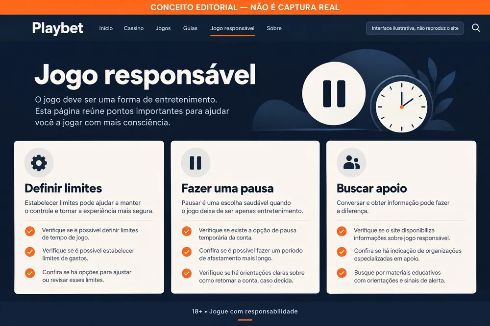 Ilustração conceitual de um guia de jogo responsável com limites, pausa e apoio